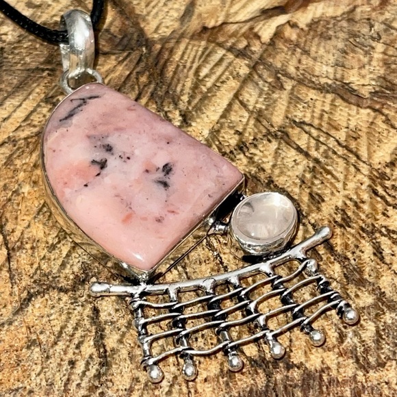 Pink Peruvian Opal & Clear Rose Quartz Pendant 2 7/8” - Picture 9 of 13